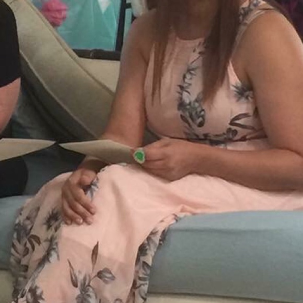 Pink floral dress.